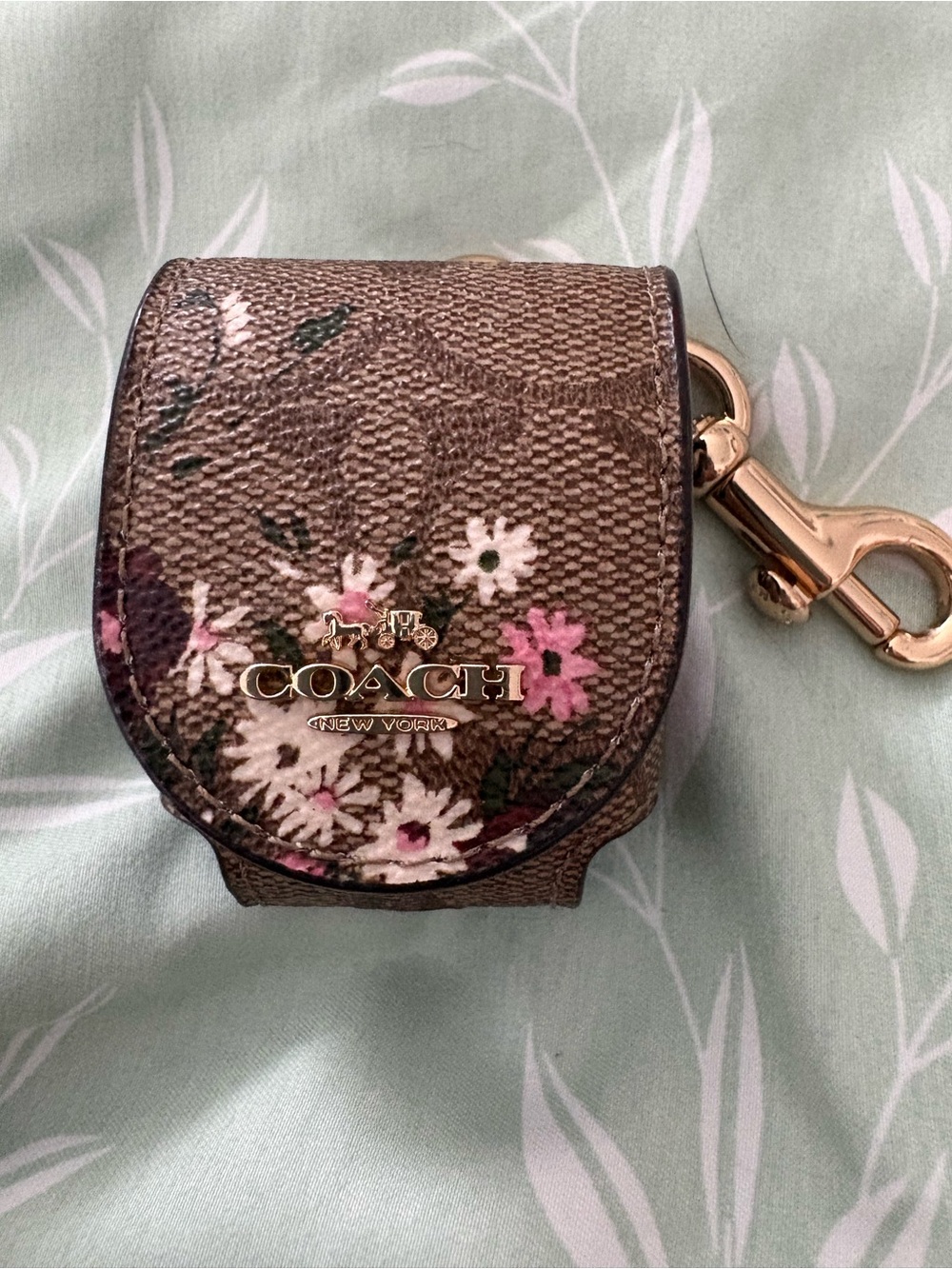Coach Brown Floral Canvas Earbud Case with Gold Snap